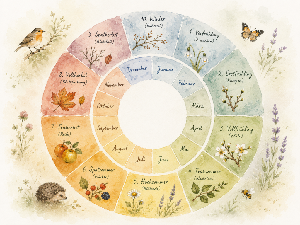 Der phänologische Kalender, der Vergleich unserer Monate mit den 10 Jahreszeiten der Natur.